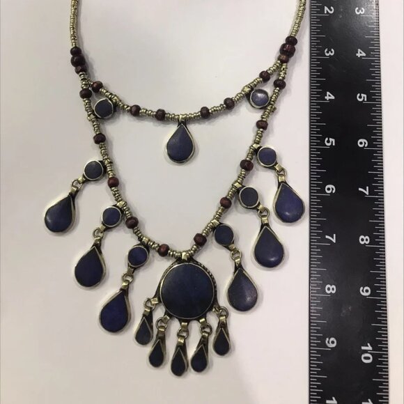 Two Layers Tribal Stones Vintage Necklace, Afghan Metal and Wooden Beaded Chain - Picture 5 of 7